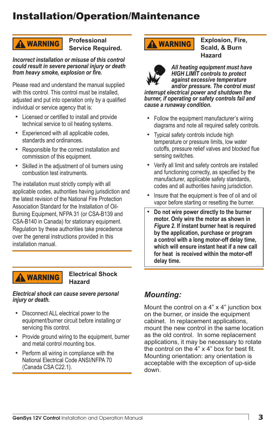 Installation/operation/maintenance, Warning, Mounting | Beckett 7556 12V GeniSys Control User Manual | Page 3 / 8