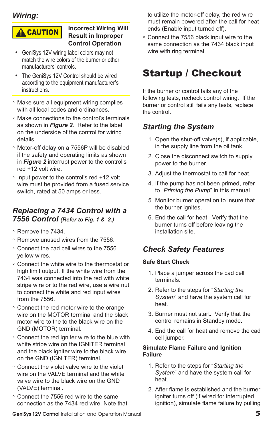 Startup / checkout, Caution, Starting the system | Check safety features, Wiring | Beckett 7556 12V GeniSys Control User Manual | Page 5 / 8