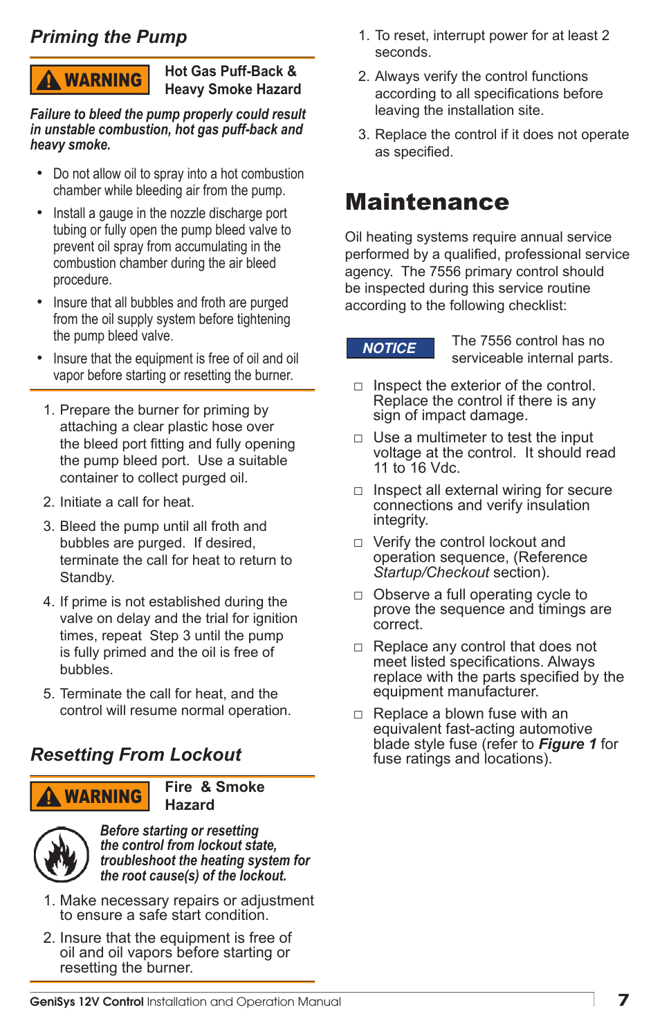 Maintenance, Warning, Priming the pump | Resetting from lockout | Beckett 7556 12V GeniSys Control User Manual | Page 7 / 8