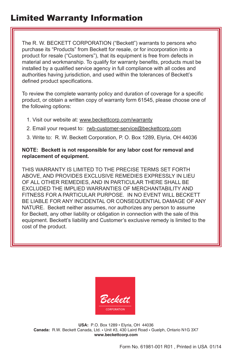 Limited warranty information | Beckett 7590 Gas Power Burner Control User Manual | Page 20 / 20