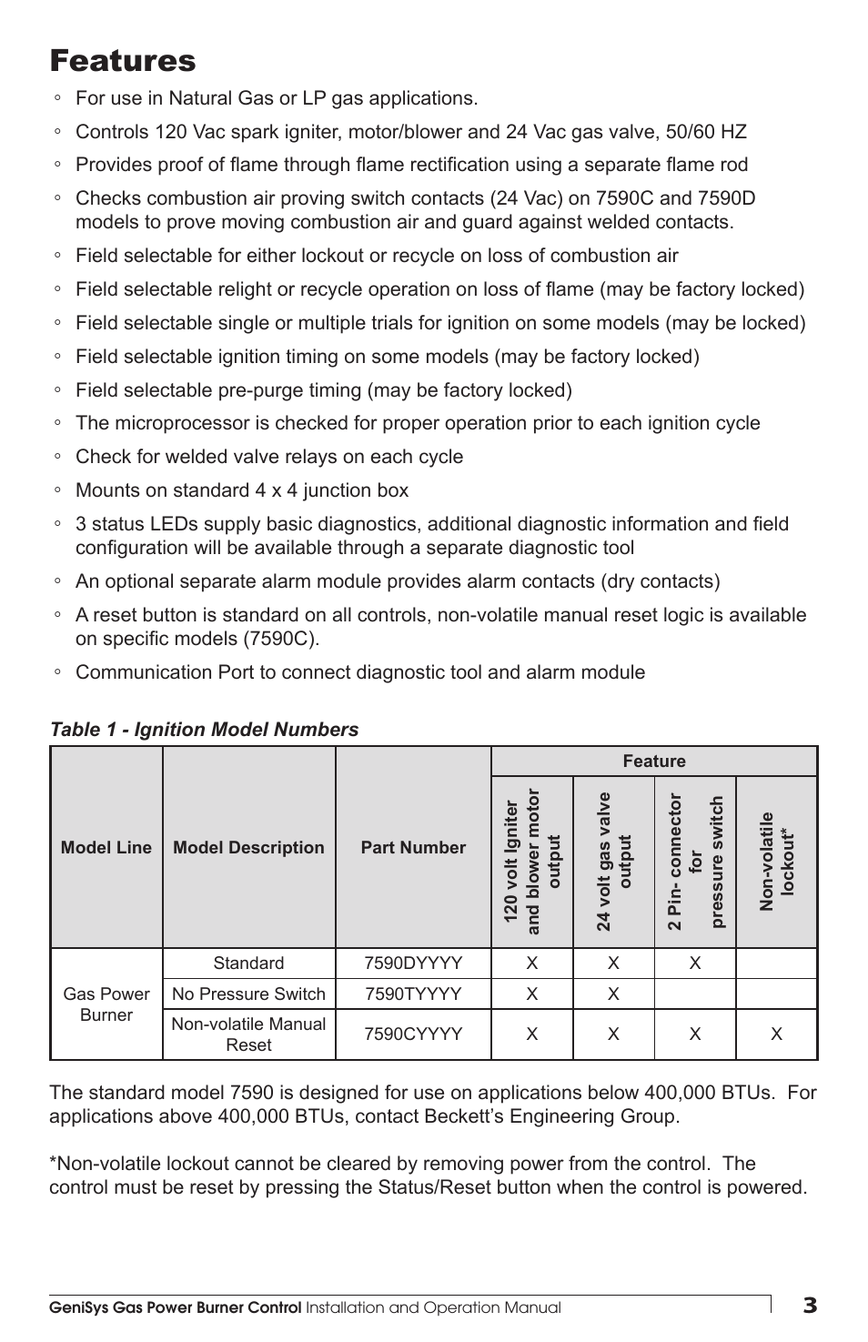Features | Beckett 7590 Gas Power Burner Control User Manual | Page 3 / 20