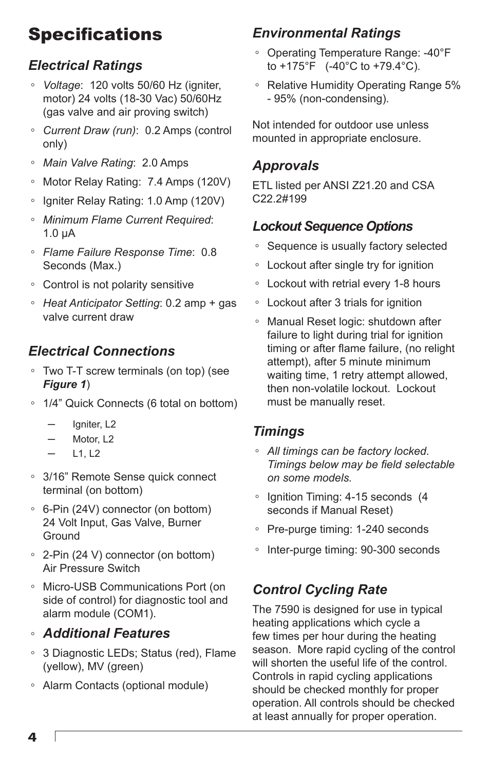 Specifications, Electrical ratings, Electrical connections | Environmental ratings, Approvals, Lockout sequence options, Timings, Control cycling rate, 4environmental ratings, Additional features | Beckett 7590 Gas Power Burner Control User Manual | Page 4 / 20