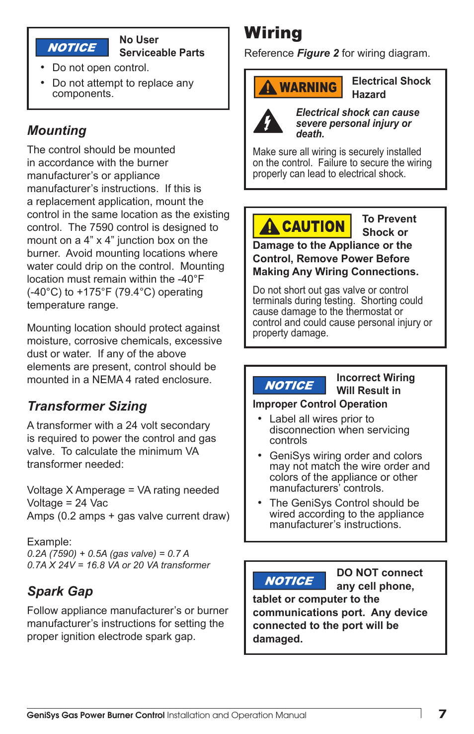 Mounting, Transformer sizing, Spark gap | Wiring | Beckett 7590 Gas Power Burner Control User Manual | Page 7 / 20