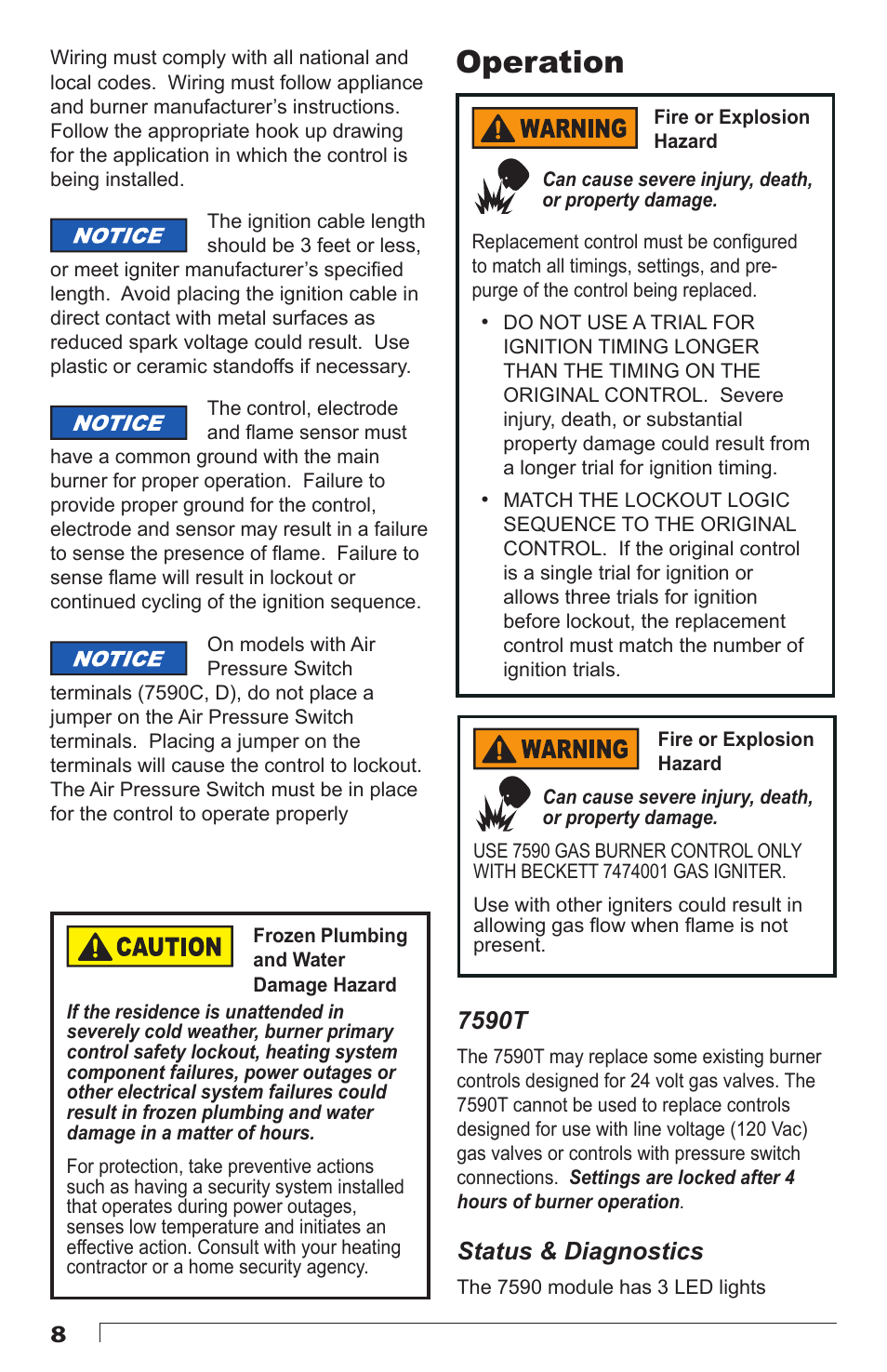 Operation, 7590t, Status & diagnostics | Beckett 7590 Gas Power Burner Control User Manual | Page 8 / 20