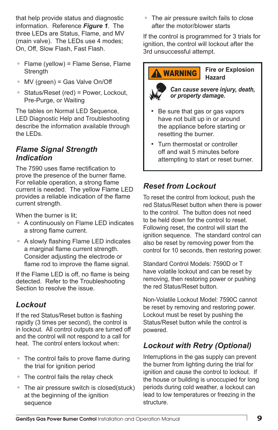 Flame signal strength indication, Lockout, Reset from lockout | Lockout with retry (optional) | Beckett 7590 Gas Power Burner Control User Manual | Page 9 / 20