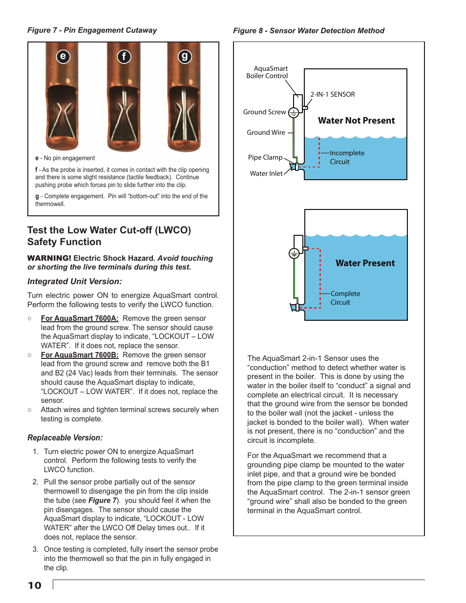 Ef g, Test the low water cut-off (lwco) safety function, Water not present | Water present | Beckett 7600 AquaSmart Boiler Control User Manual | Page 10 / 36