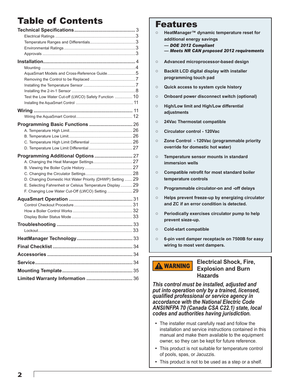 Features table of contents | Beckett 7600 AquaSmart Boiler Control User Manual | Page 2 / 36