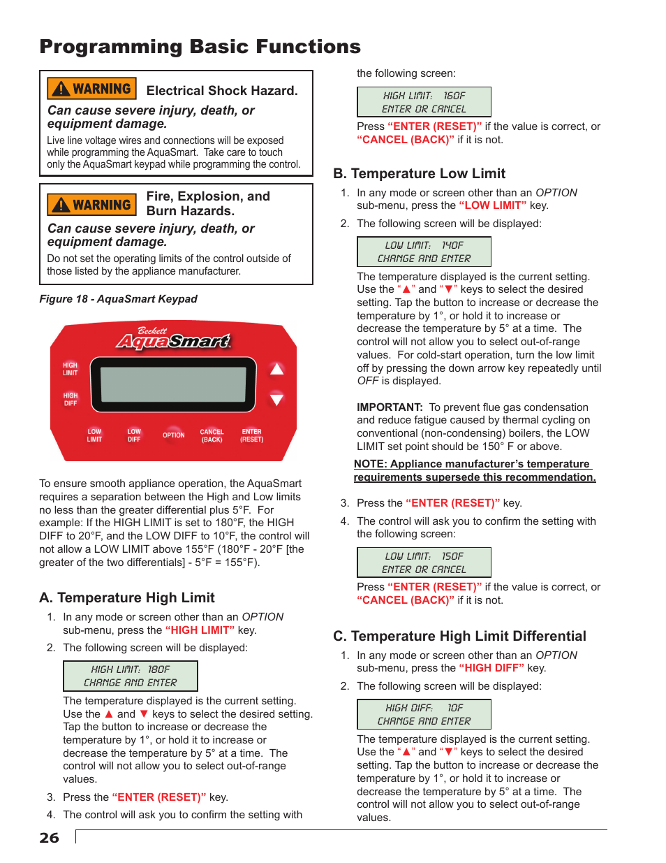 Programming basic functions, A. temperature high limit, B. temperature low limit | C. temperature high limit differential | Beckett 7600 AquaSmart Boiler Control User Manual | Page 26 / 36