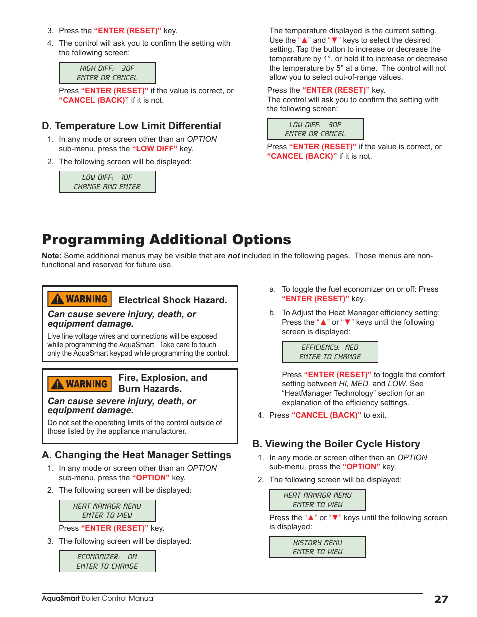 Programming additional options, D. temperature low limit differential, B. viewing the boiler cycle history | A. changing the heat manager settings | Beckett 7600 AquaSmart Boiler Control User Manual | Page 27 / 36