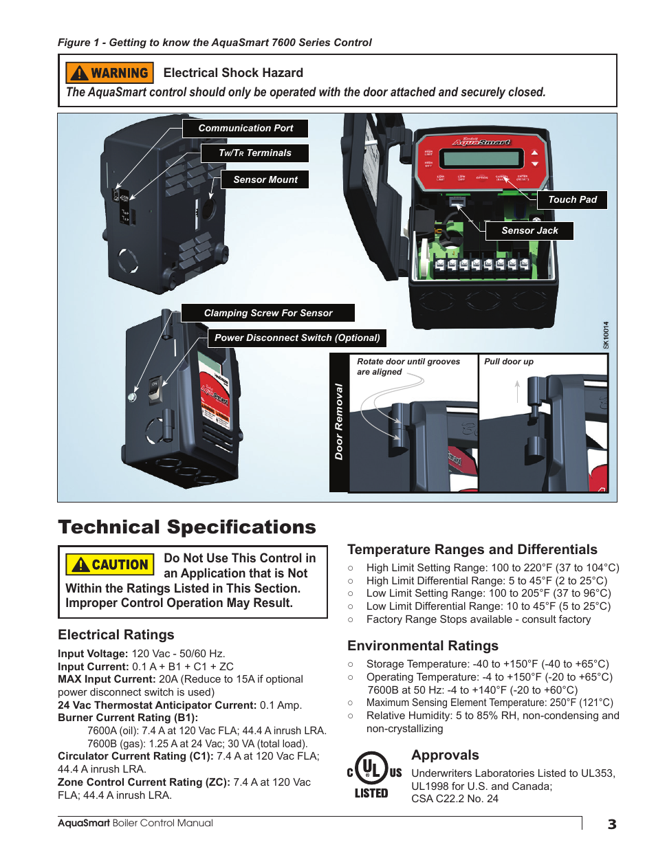 Technical specifications, Temperature ranges and differentials, Environmental ratings | Approvals, Electrical ratings | Beckett 7600 AquaSmart Boiler Control User Manual | Page 3 / 36