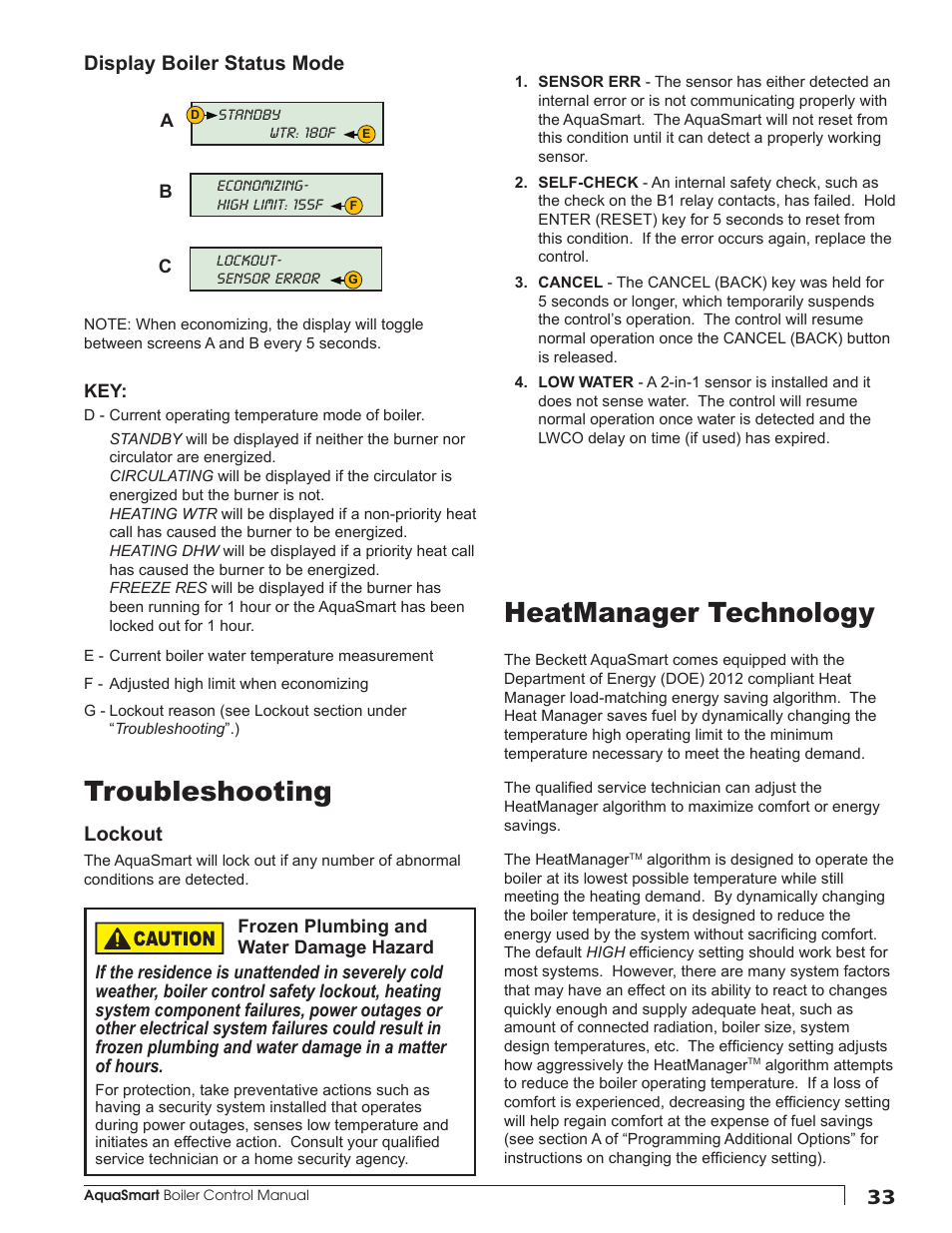 Troubleshooting, Heatmanager technology, Lockout | Display boiler status mode | Beckett 7600 AquaSmart Boiler Control User Manual | Page 33 / 36