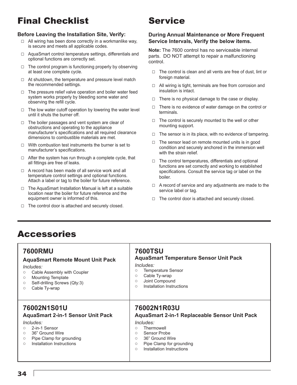 Service final checklist accessories, 7600rmu, 7600tsu | Beckett 7600 AquaSmart Boiler Control User Manual | Page 34 / 36