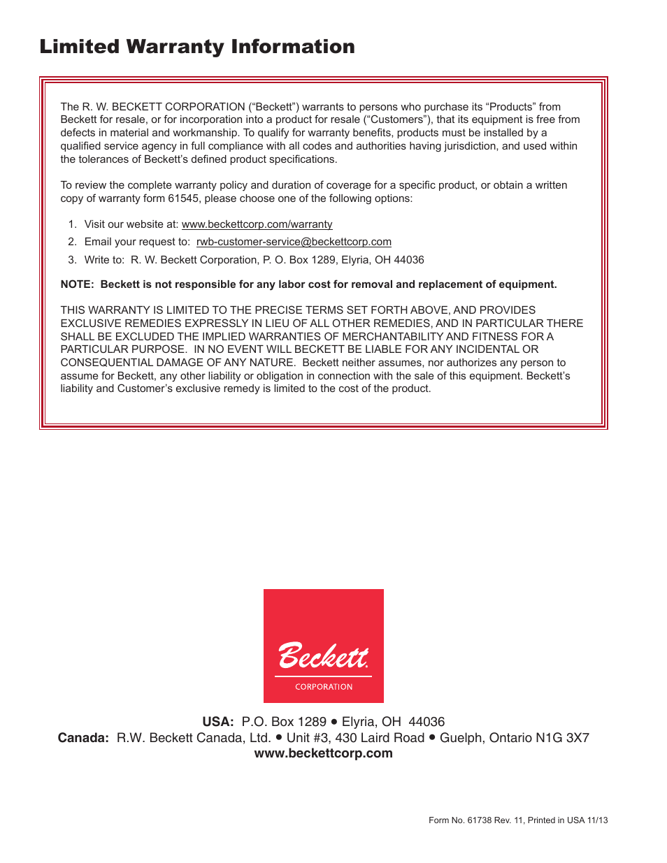 Limited warranty information | Beckett 7600 AquaSmart Boiler Control User Manual | Page 36 / 36