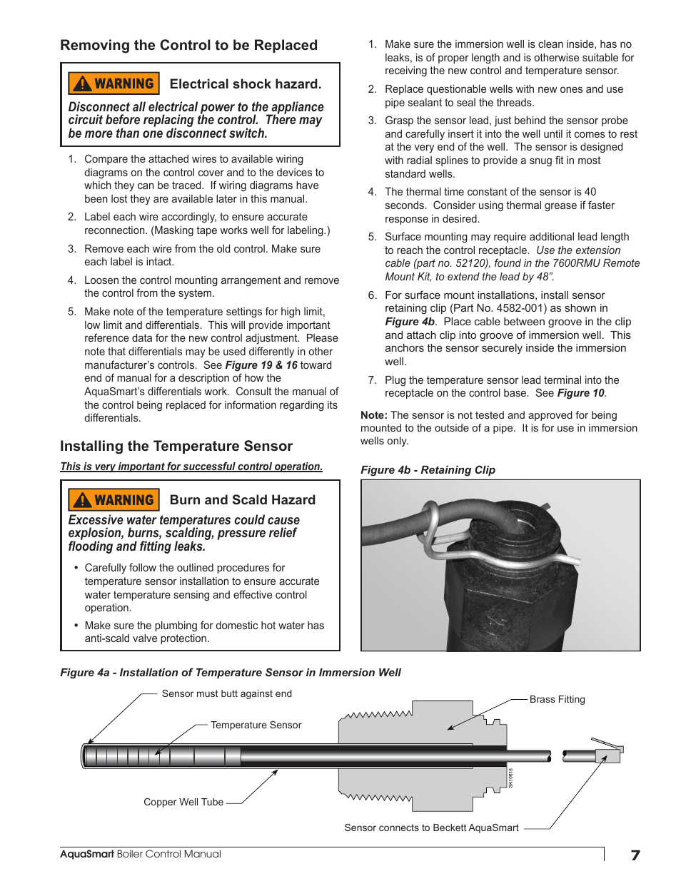 Installing the temperature sensor, Removing the control to be replaced | Beckett 7600 AquaSmart Boiler Control User Manual | Page 7 / 36