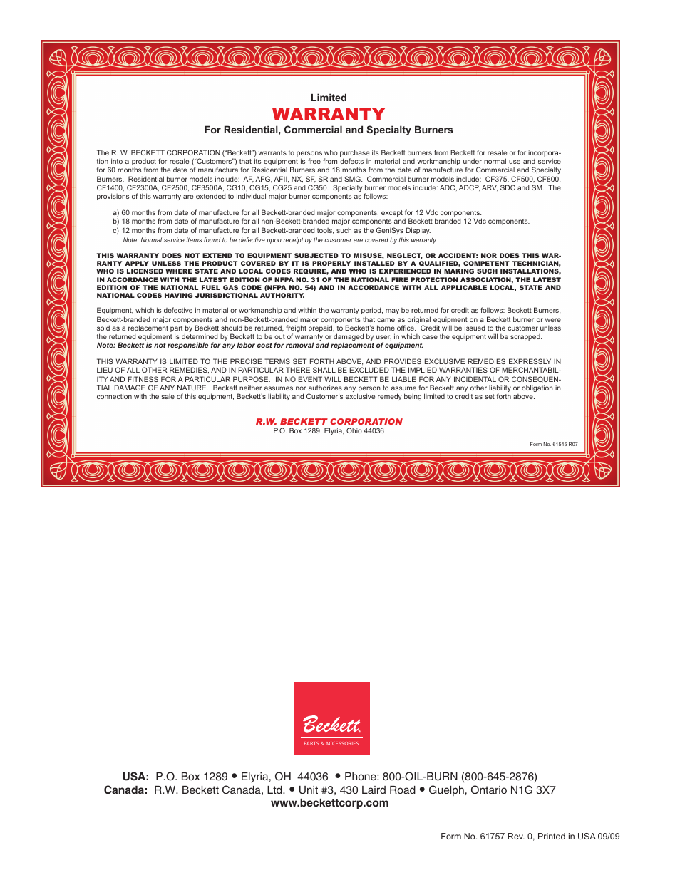 Warranty | Beckett 7600 Quick Start User Manual | Page 4 / 4