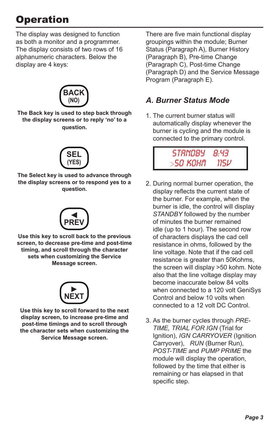 Operation, A. burner status mode, Back | Prev ► next | Beckett GeniSys Contractor Tool User Manual | Page 3 / 12