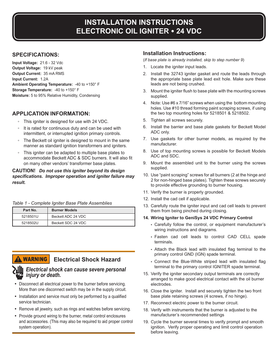 Beckett 61829 24V Oil Igniter User Manual | 2 pages