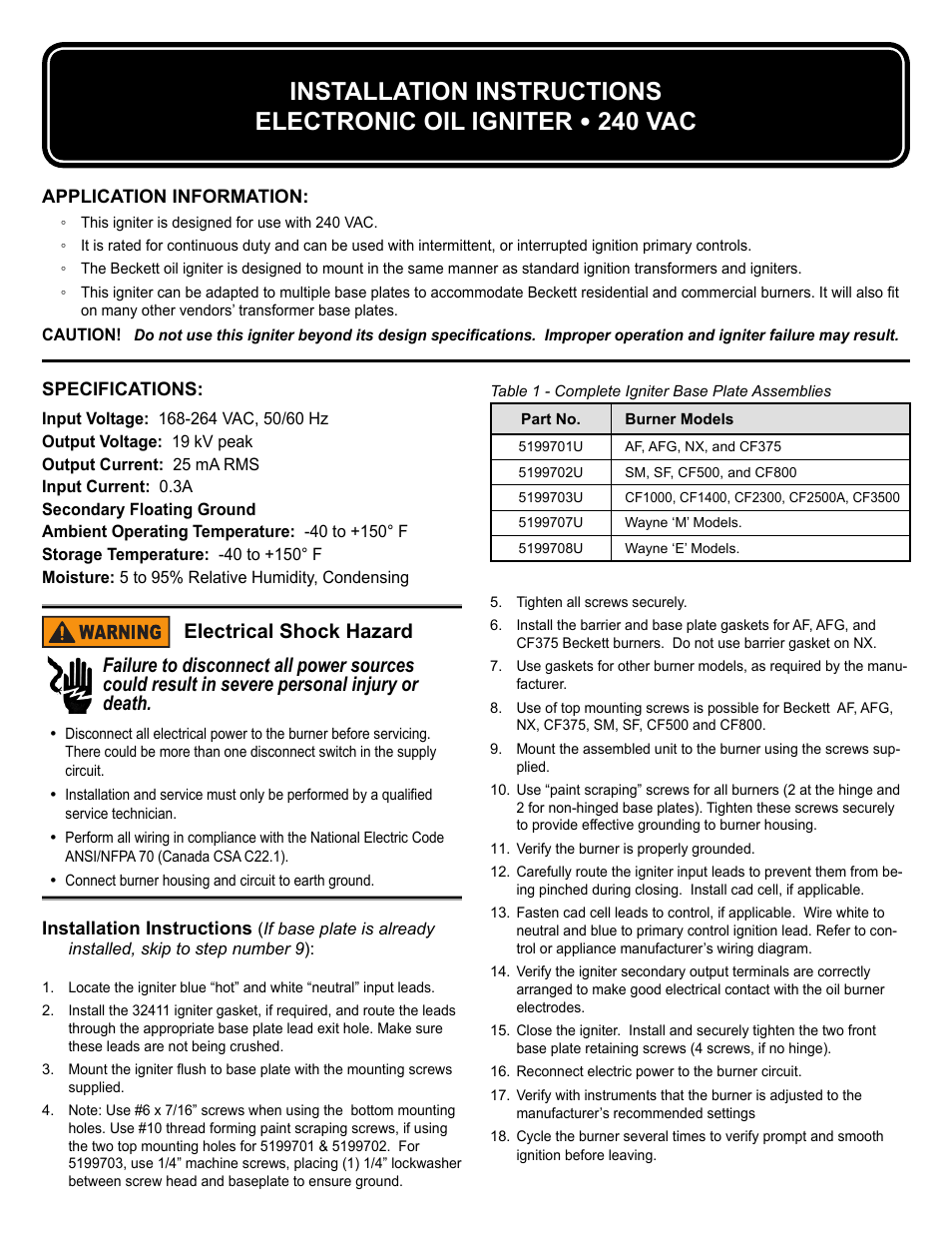 Beckett 61586 PowerLight Oil Igniter User Manual | 2 pages