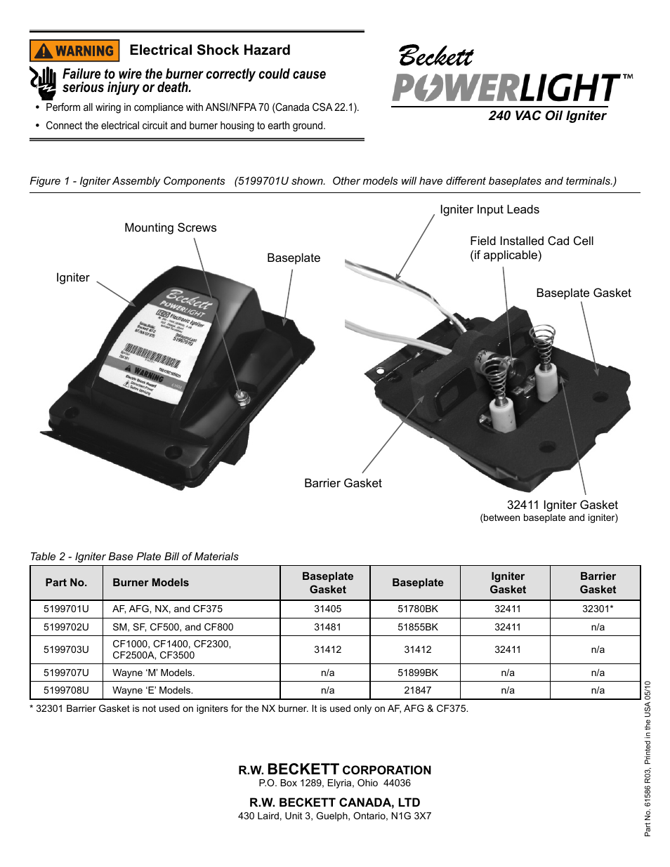 Beckett, 240 vac oil igniter | Beckett 61586 PowerLight Oil Igniter User Manual | Page 2 / 2