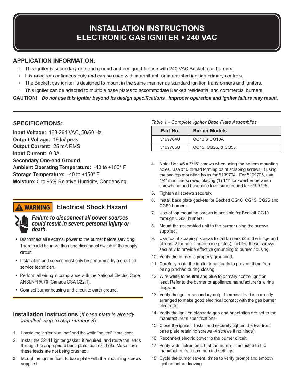 Beckett 61759 Gas Igniter User Manual | 2 pages