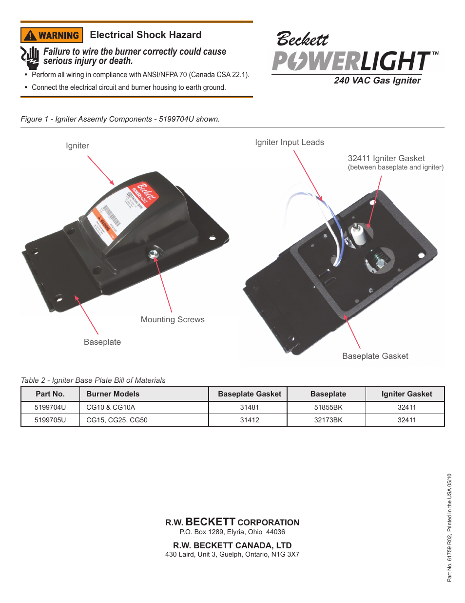 Beckett | Beckett 61759 Gas Igniter User Manual | Page 2 / 2