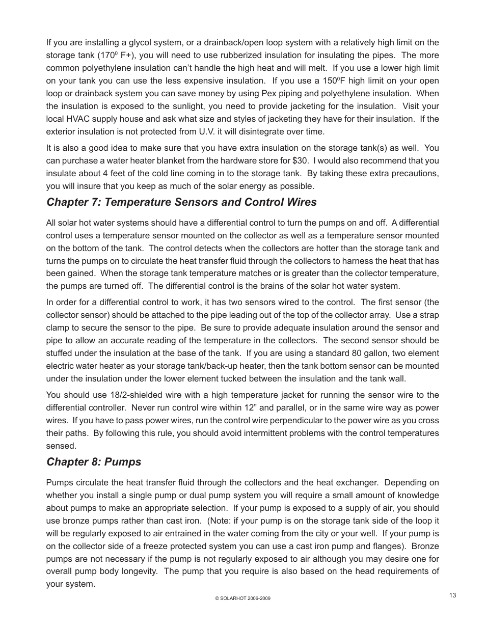 Chapter 7: temperature sensors and control wires, Chapter 8: pumps | Beckett SolarHot User Manual | Page 17 / 28