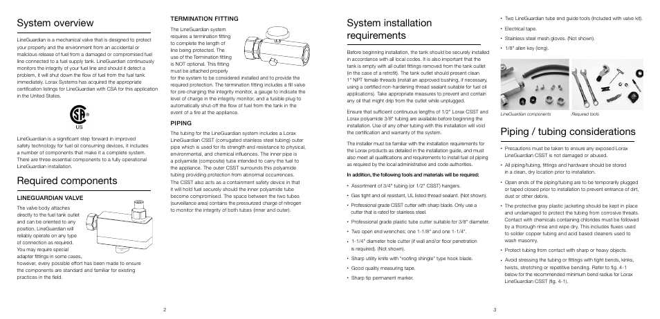 System overview, Required components, System installation requirements | Piping / tubing considerations | Beckett LineGuardian User Manual | Page 3 / 8
