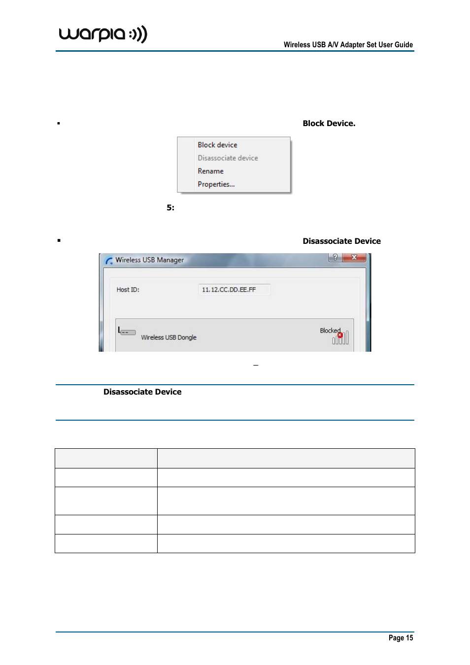 Blocking or disassociating a device, 3 blocking or disassociating a device | Warpia SWP100A Installation Manual & Troubleshooting Guide User Manual | Page 15 / 37