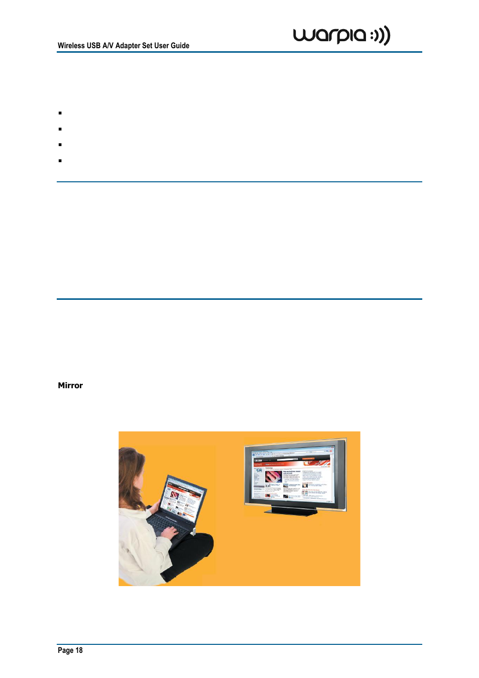 Using and configuring the a/v adapter, Using the a/v adapter, Using mirror mode | 5 using and configuring the a/v adapter, 1 using the a/v adapter | Warpia SWP100A Installation Manual & Troubleshooting Guide User Manual | Page 18 / 37