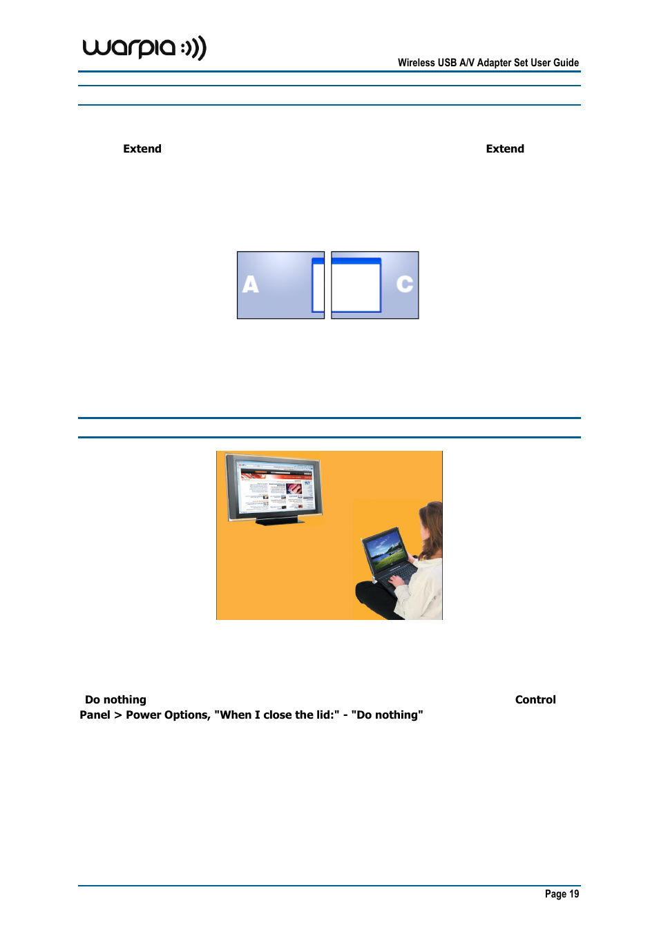 Using extend mode, Laptop operation with the lid closed | Warpia SWP100A Installation Manual & Troubleshooting Guide User Manual | Page 19 / 37