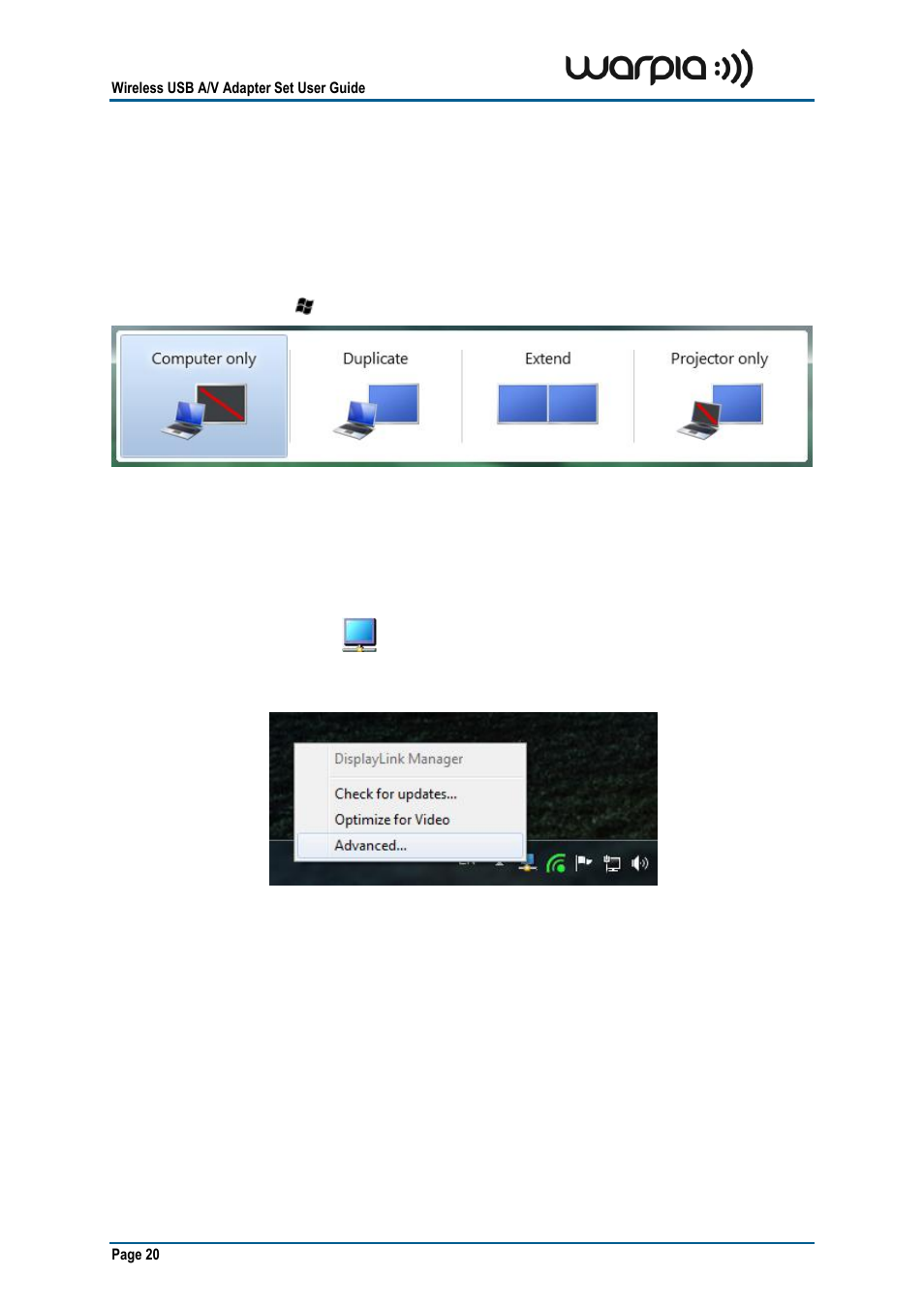 External display only, Configuring display in windows 7, Setting mirror or extend mode in windows 7 | Configure screen options in windows 7, 2 configuring display in windows 7 | Warpia SWP100A Installation Manual & Troubleshooting Guide User Manual | Page 20 / 37