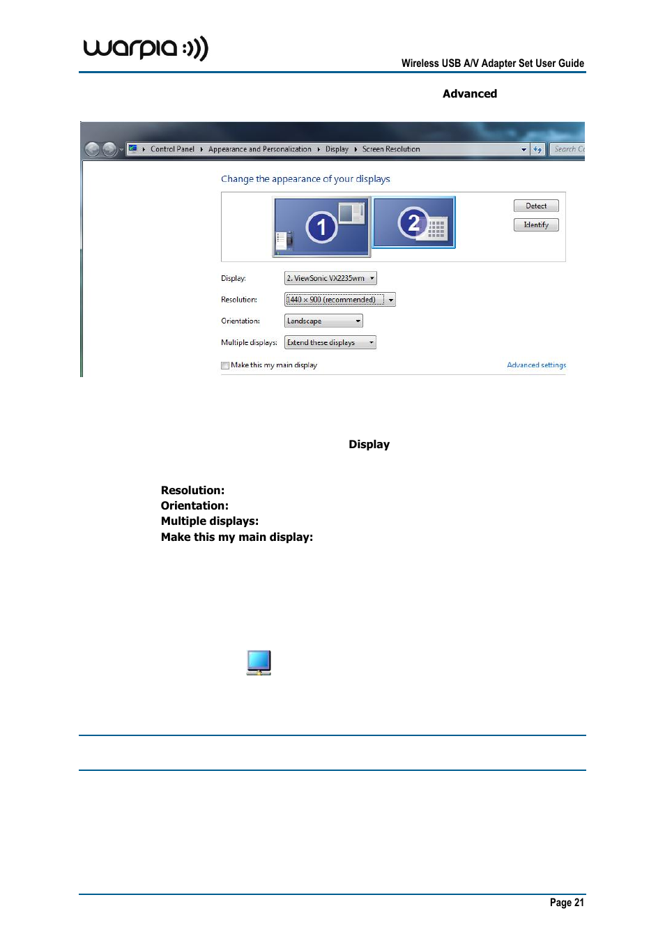 Configuring display in windows xp/vista, 3 configuring display in windows xp/vista | Warpia SWP100A Installation Manual & Troubleshooting Guide User Manual | Page 21 / 37