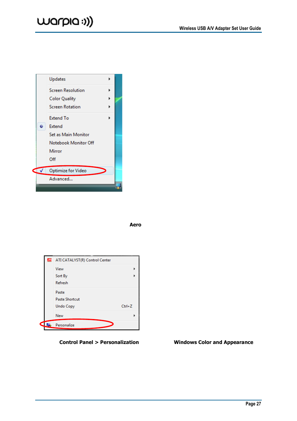 Using optimize for video mode, Setting aero desktop theme in vista | Warpia SWP100A Installation Manual & Troubleshooting Guide User Manual | Page 27 / 37