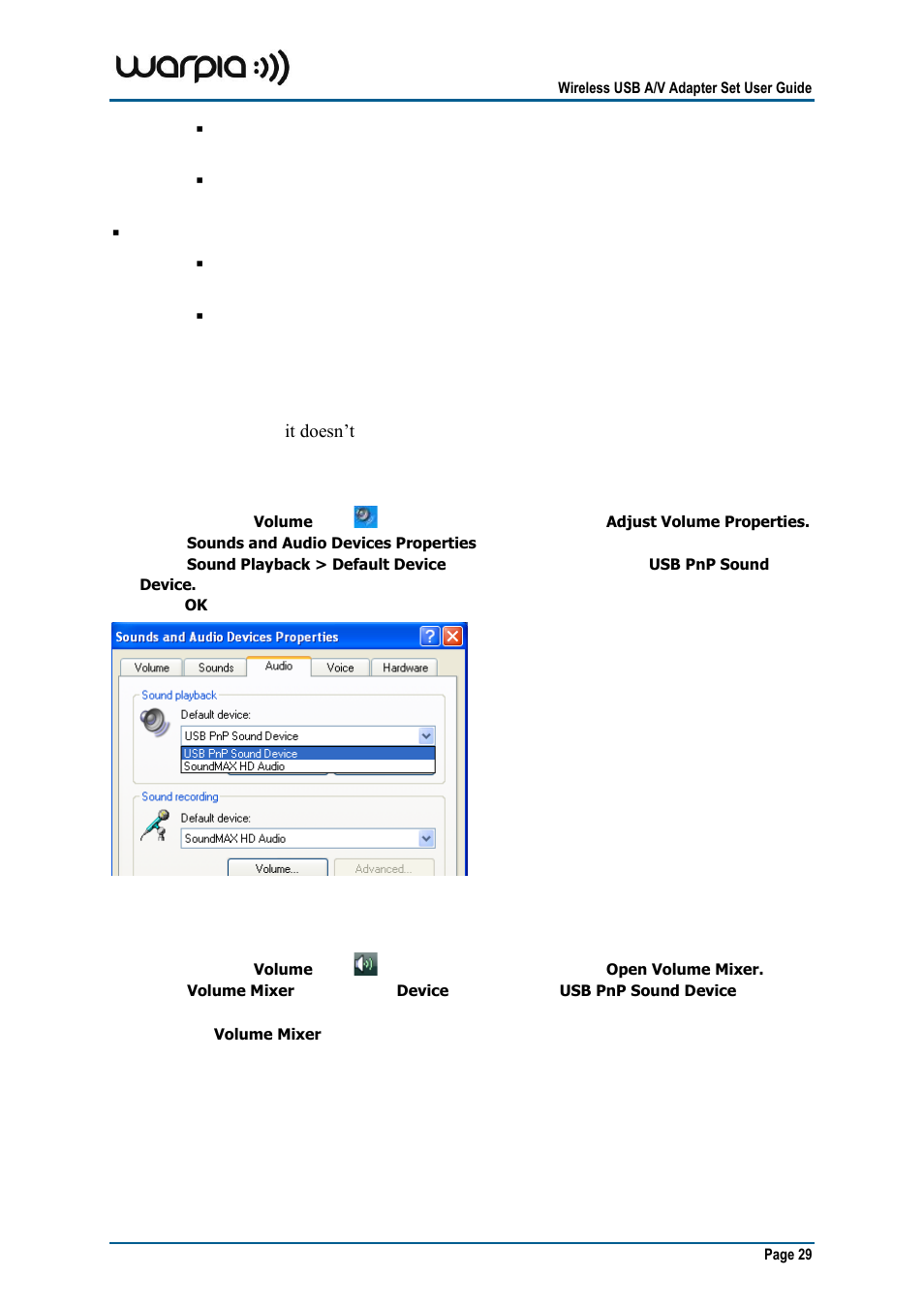 Setting audio output device, 5 setting audio output device | Warpia SWP100A Installation Manual & Troubleshooting Guide User Manual | Page 29 / 37