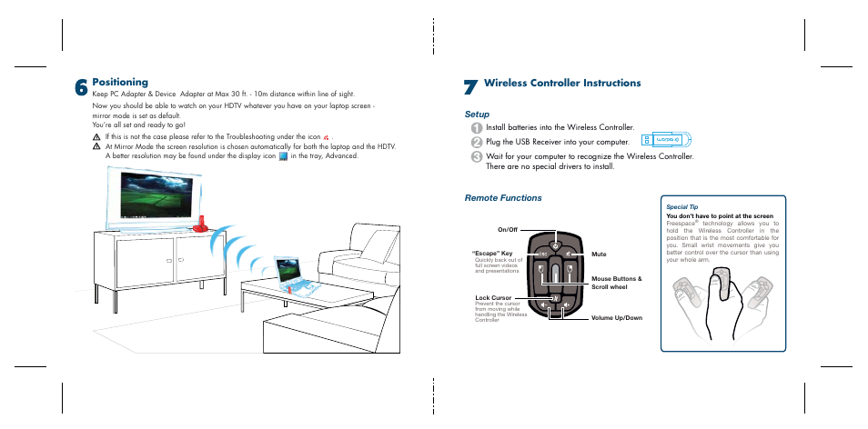 Wireless controller instructions, Positioning, Setup | Remote functions | Warpia SWP550 User Manual | Page 4 / 8