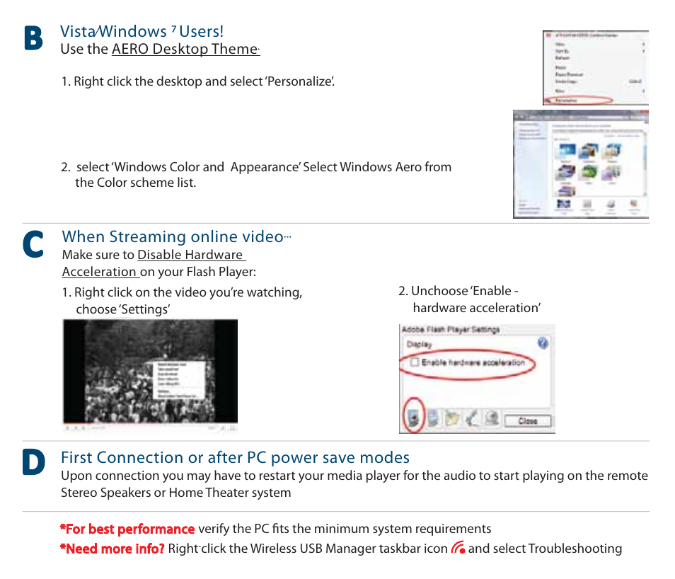 First connection or after pc power save modes, When streaming online video, Vista⁄windows 7 users | Warpia SWP120A Getting Started User Guide User Manual | Page 7 / 8