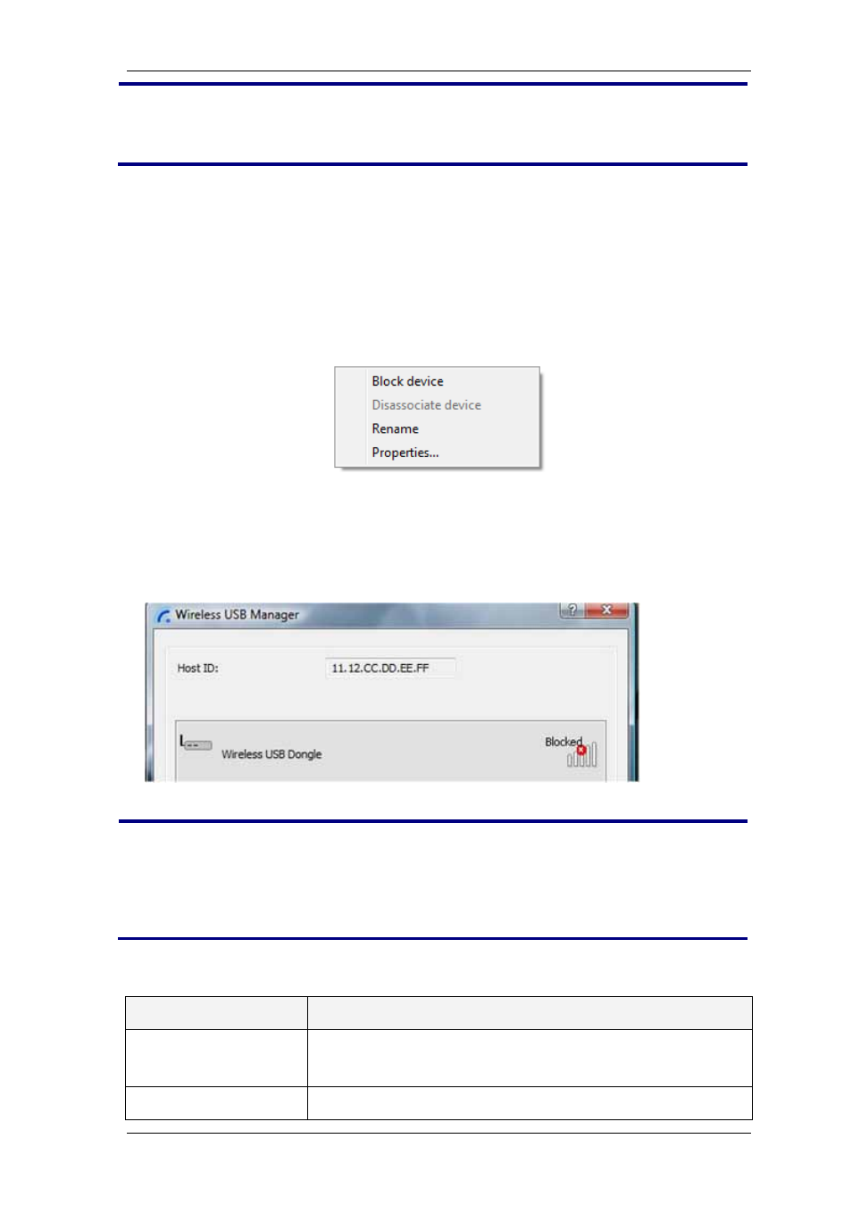 Blocking or disassociating, Blocking or disassociating a device, Wireless usb manager context menu | Context menu options | Warpia SWP120A Installation Manual & Troubleshooting Guide User Manual | Page 25 / 84