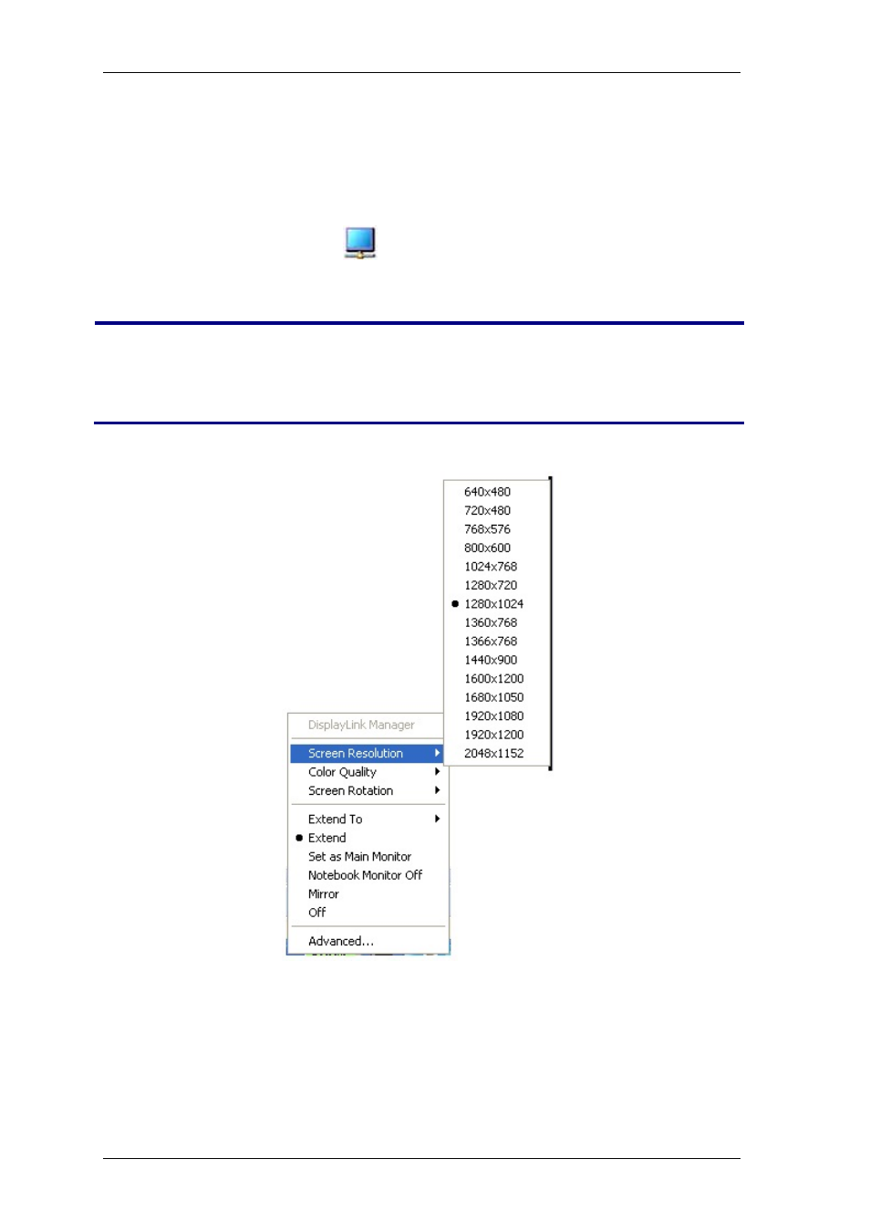 Configuring the display in windows xp or vista, Icon context menu in windows xp or vista, Screen resolution | Configuring the, Display > in windows xp/vista | Warpia SWP120A Installation Manual & Troubleshooting Guide User Manual | Page 30 / 84