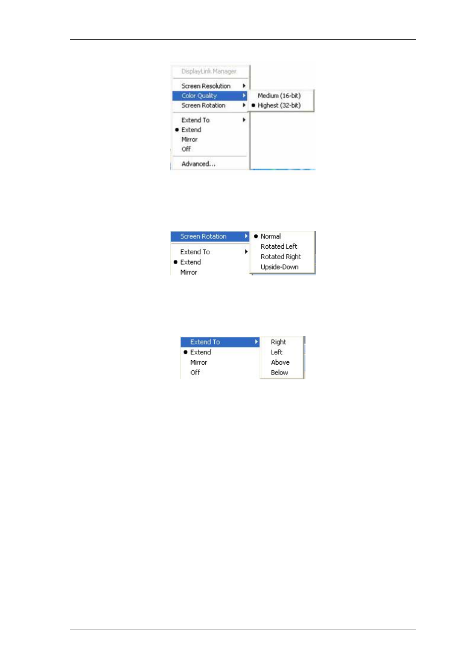 Color quality, Screen rotation, Extend to | Extend, Mirror, Advanced, Setting mirror mode in windows xp/vista | Warpia SWP120A Installation Manual & Troubleshooting Guide User Manual | Page 31 / 84