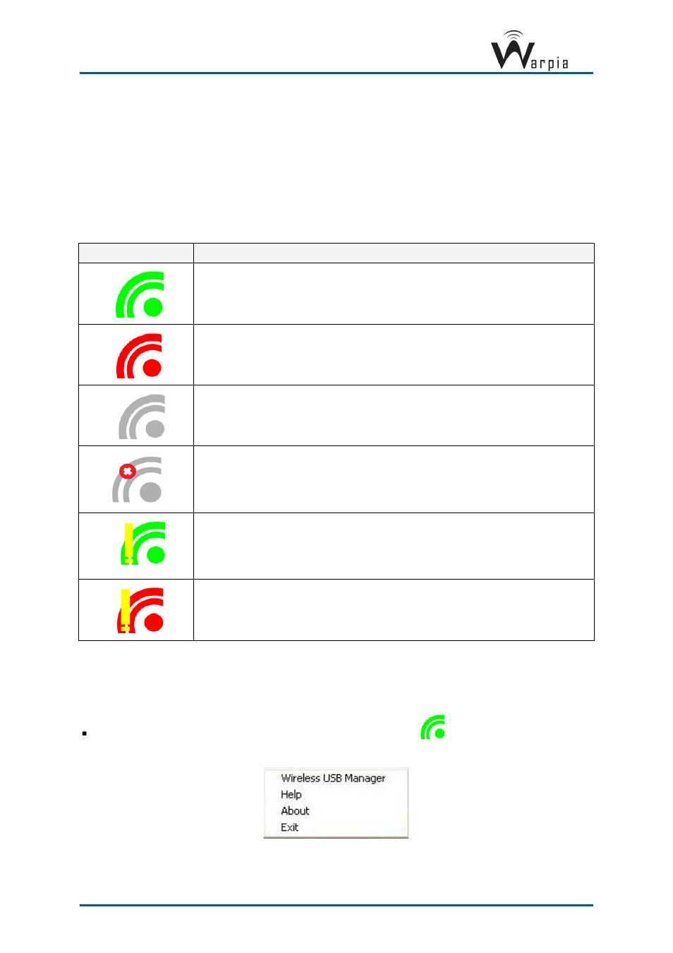Wireless usb manager user interface, Wireless usb manager system tray icon, Accessing the wireless usb manager | 4 wireless usb manager user interface, 1 wireless usb manager system tray icon, 2 accessing the wireless usb manager | Warpia SWP200 Windows Installation Manual & Troubleshooting Guide User Manual | Page 12 / 38