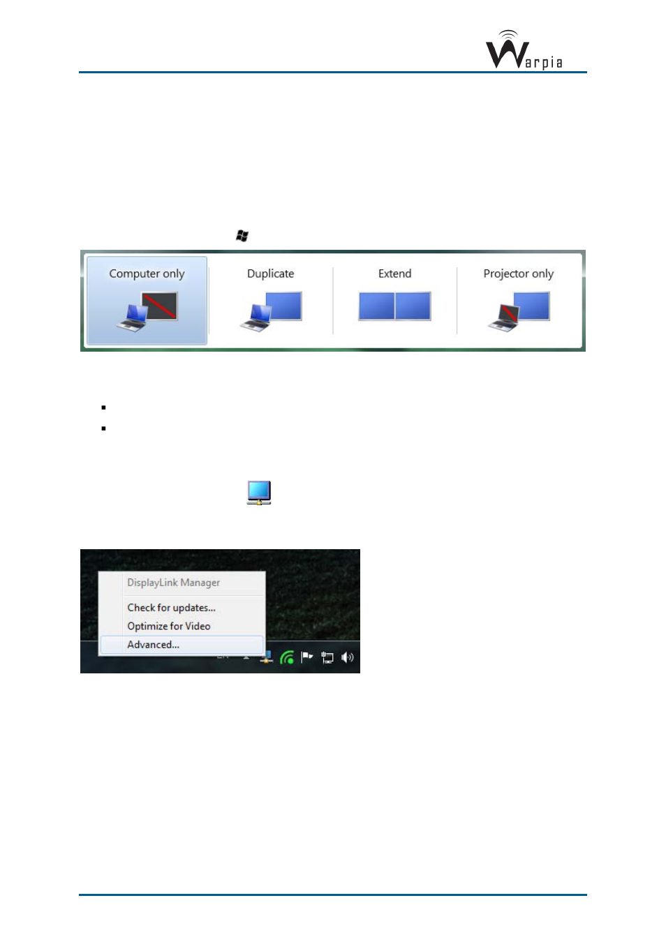 4 external display only, 1 setting mirror or extend mode in windows 7, 2 configure screen options in windows 7 | External display only, Configuring display in windows 7, Setting mirror or extend mode in windows 7, Configure screen options in windows 7, 2 configuring display in windows 7 | Warpia SWP200 Windows Installation Manual & Troubleshooting Guide User Manual | Page 20 / 38