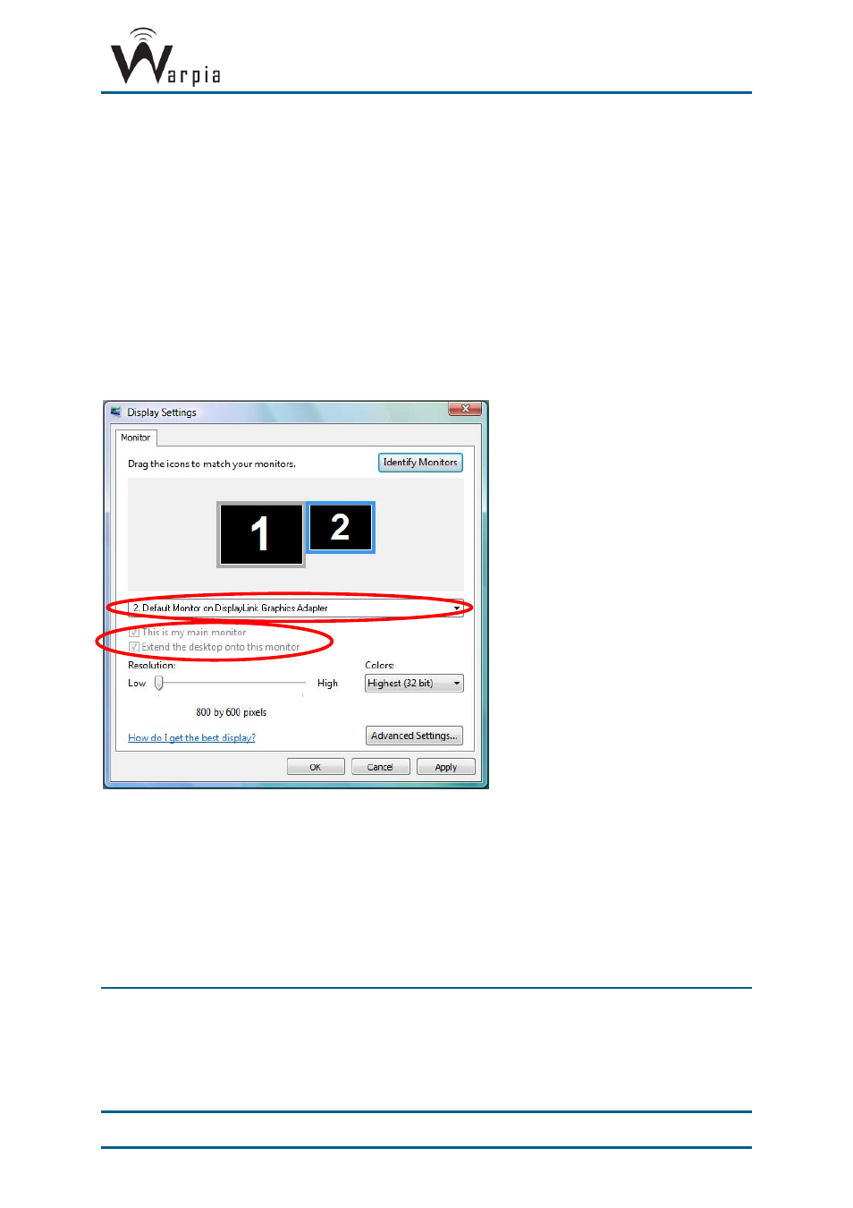 2 setting the display to extend or mirror mode, 3 adjusting screen resolution, 4 adjusting color level | 5 setting the easy dock as the primary display | Warpia SWP200 Windows Installation Manual & Troubleshooting Guide User Manual | Page 25 / 38