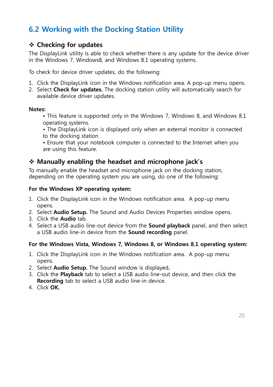 2 working with the docking station utility, Checking for updates | Warpia SWP240 User Manual | Page 20 / 28