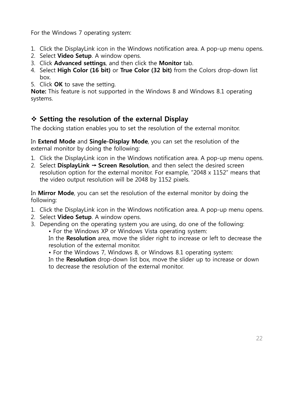 Setting the resolution of the external display | Warpia SWP240 User Manual | Page 22 / 28