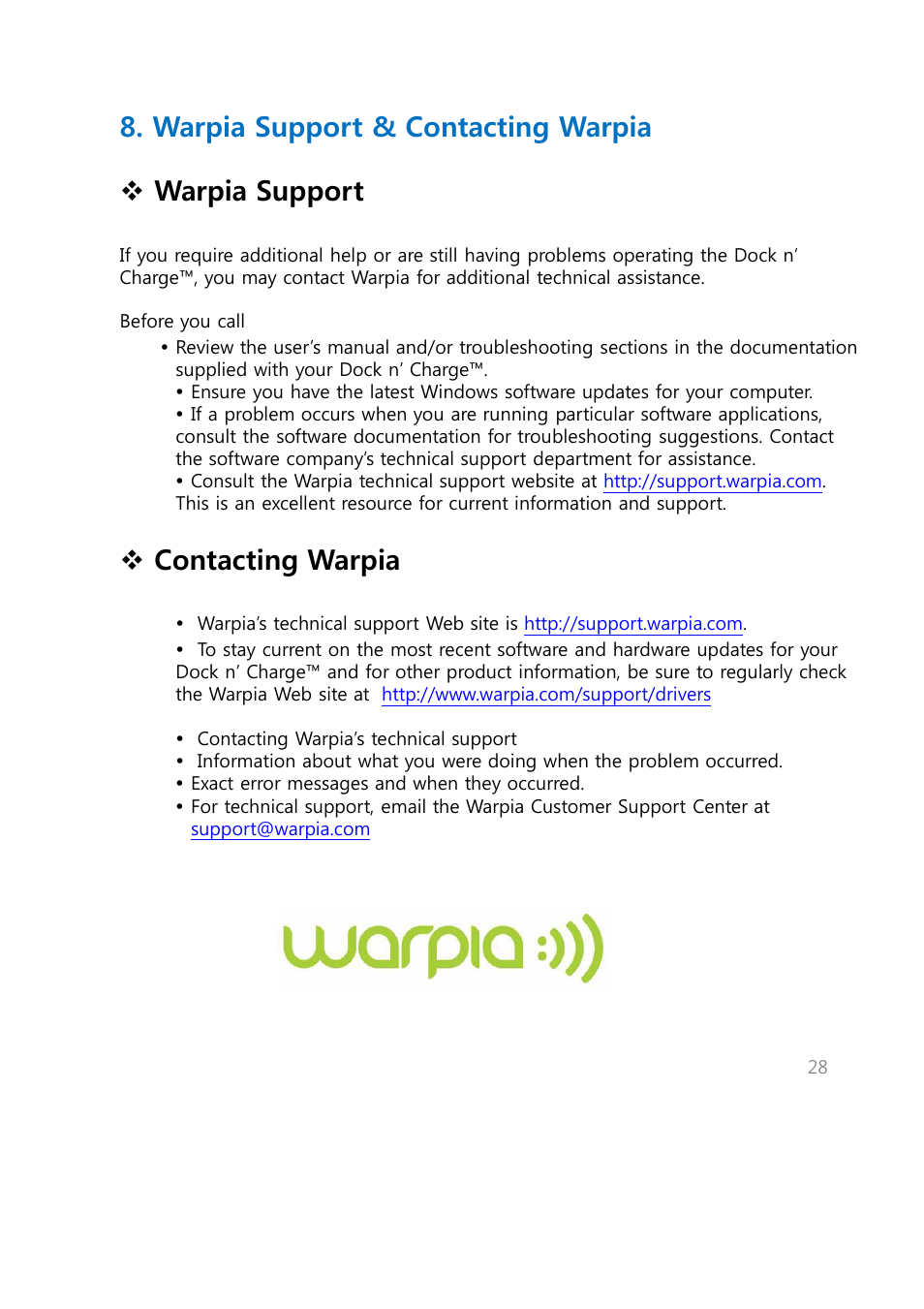 Warpia support & contacting warpia, Warpia support, Contacting warpia | Warpia SWP240 User Manual | Page 28 / 28