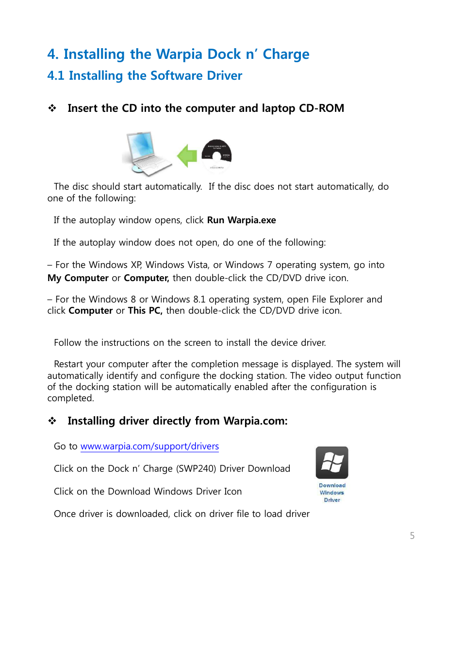 Installing the warpia dock n’ charge, 1 installing the software driver | Warpia SWP240 User Manual | Page 5 / 28