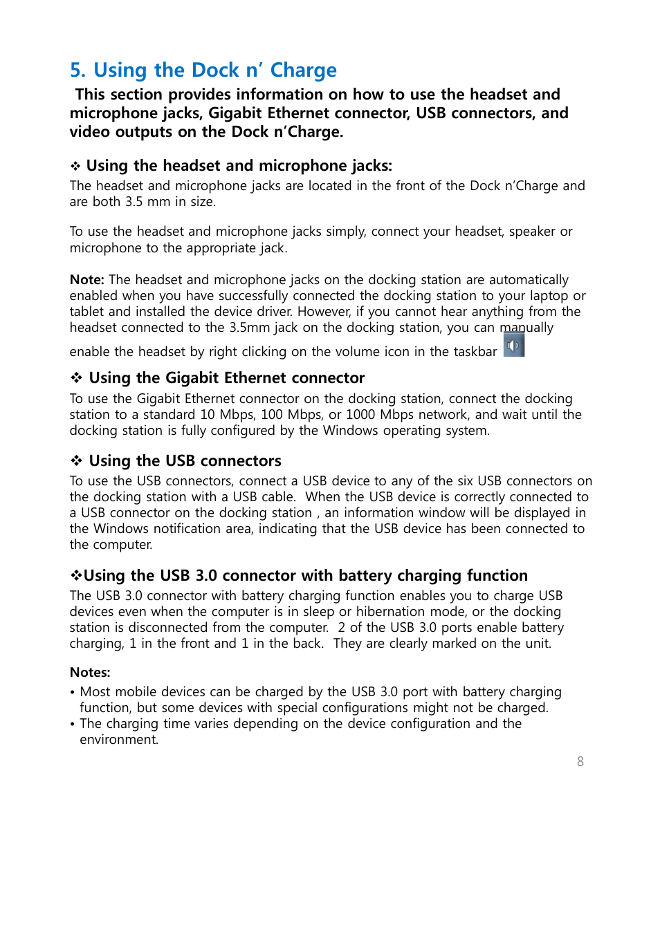 Using the dock n’ charge | Warpia SWP240 User Manual | Page 8 / 28