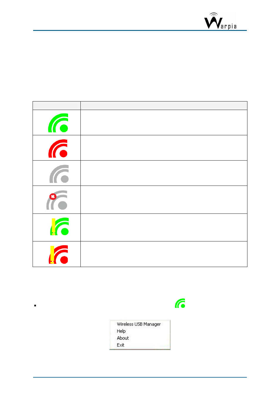 4 wireless usb manager user interface, 1 wireless usb manager system tray icon, 2 accessing the wireless usb manager | Wireless usb manager user interface, Wireless usb manager system tray icon, Accessing the wireless usb manager | Warpia SWP220 User Manual | Page 12 / 39