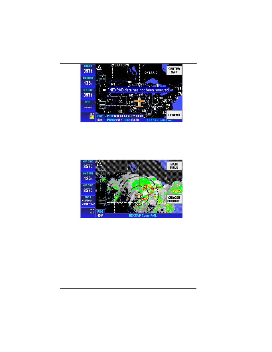 Xm weather information products, Figure 2-119: wx – no data received, Figure 2-120: wx – non-pointer mode | BendixKing AV8OR User Manual | Page 128 / 368