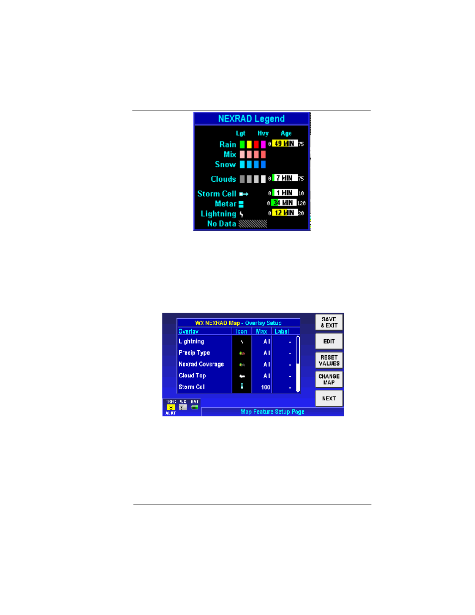 Nexrad map setup, Figure 2-123: nexrad legend, Figure 2-124: wx nexrad map – overlay setup | BendixKing AV8OR User Manual | Page 131 / 368